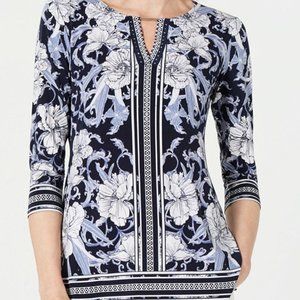 NWT JM Collection Keyhole Print Top Navy & White S